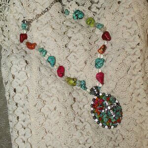 Vintage Brighton's 2.5" Multicolor Stone with Cross Pendant 14" Necklace